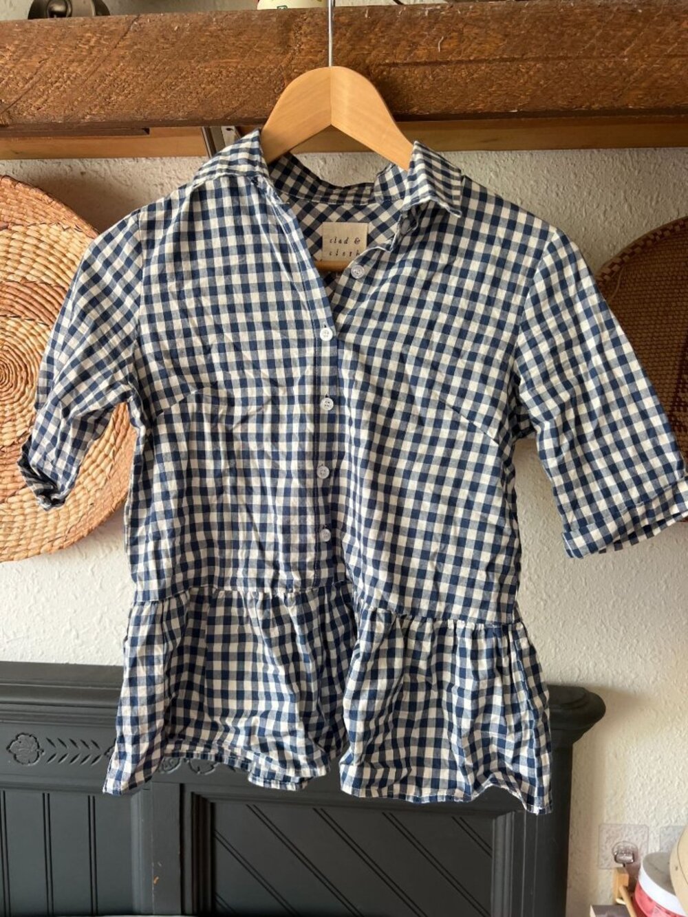 Clad & Cloth Gingham Henley Peplum Blouse Cottagecore Farm Minimalist XS